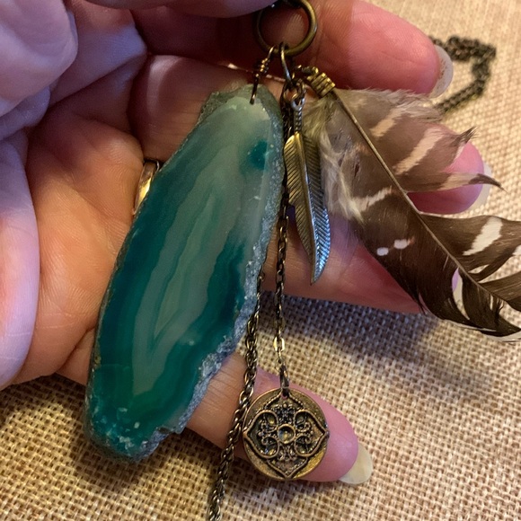 Agate Stone Handcrafted Boho Unique Feather Necklace Handmade - Picture 3 of 9